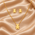 Teddy Bear Necklace & Earrings Set – Gold Plated — close-up, square format