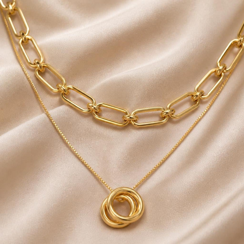 Interlocking Circle Necklace & Earrings Set – Gold Plated — close-up, square format