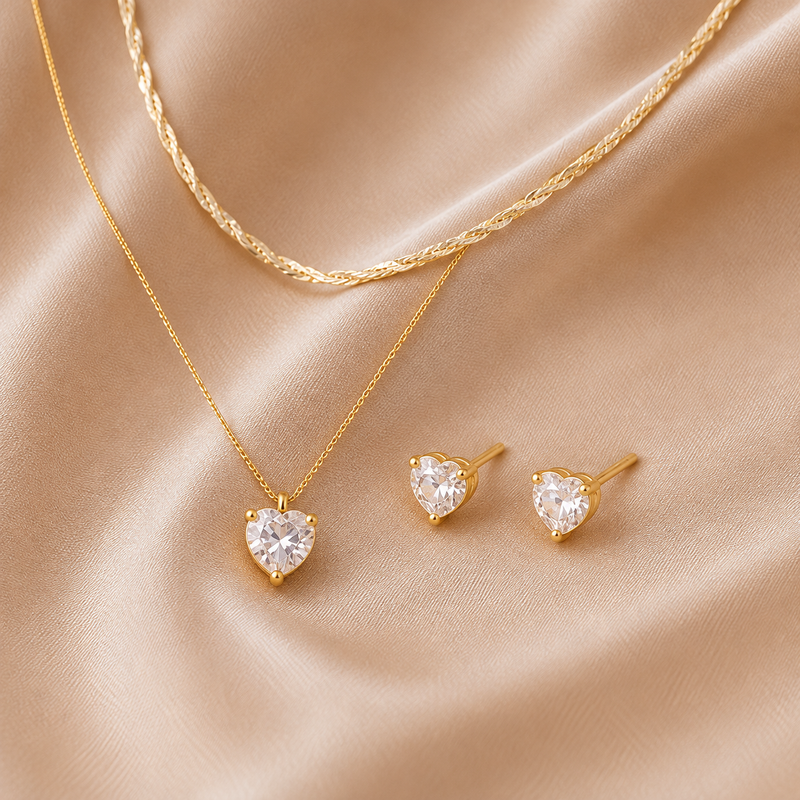 Layered Crystal Heart Necklace Set – Gold Plated — close-up, square format