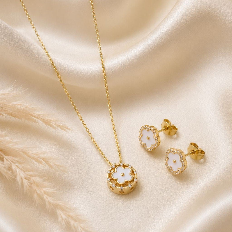 Mother-of-Pearl Flower Jewelry Set – Gold Plated — close-up, square format