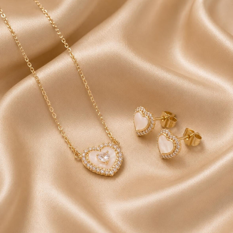 Mother-of-Pearl Heart Halo Jewelry Set – Gold Plated — close-up, square format
