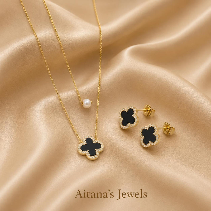 Black Clover Layered Jewelry Set – Gold Plated — close-up, square format