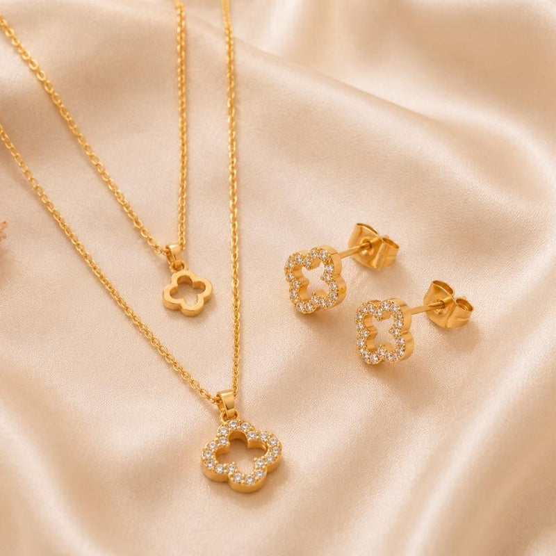 Crystal Outline Clover Jewelry Set – Gold Plated — close-up, square format