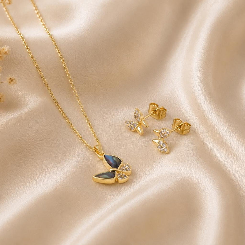 Abalone Butterfly Jewelry Set – Gold Plated — close-up, square format