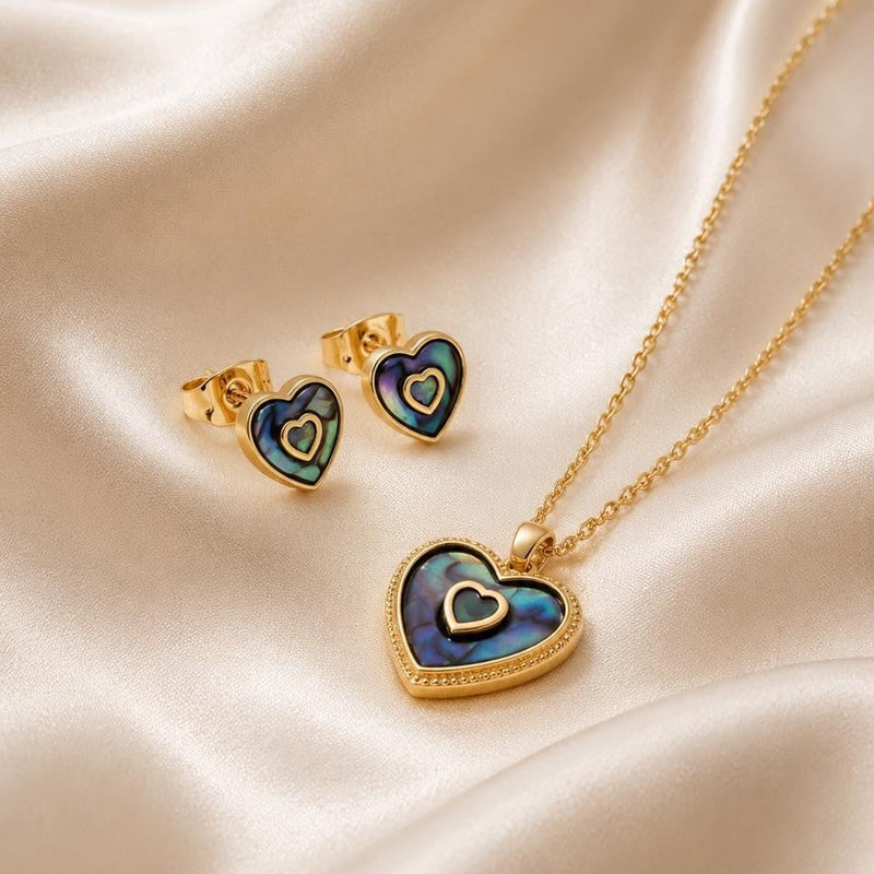Abalone Heart Jewelry Set – Gold Plated — close-up, square format