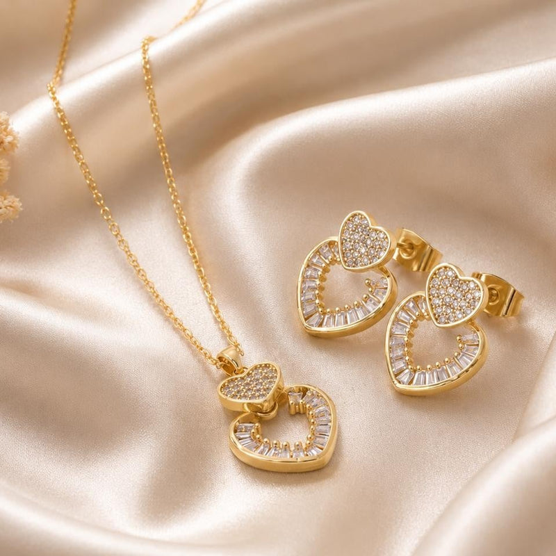 Double Heart Crystal Jewelry Set – Gold Plated — close-up, square format