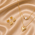 Puffy Heart & Pearl Jewelry Set – Gold Plated — close-up, square format