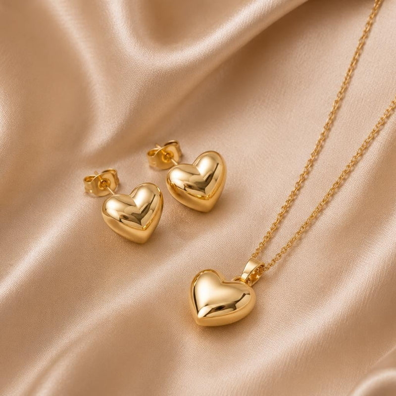 Polished Puffy Heart Jewelry Set – Gold Plated — close-up, square format