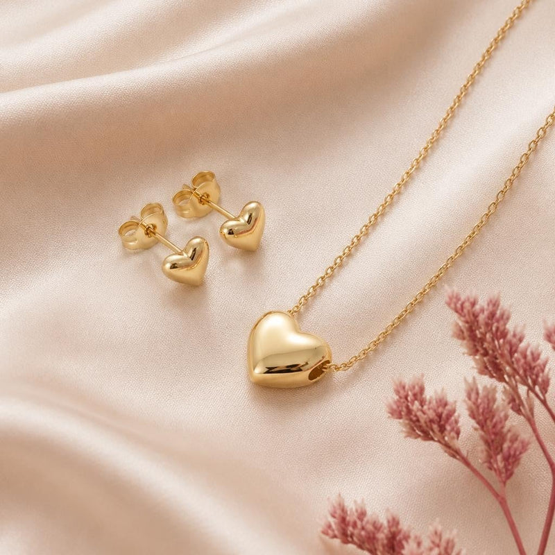 Smooth Puffy Heart Necklace Set – Gold Plated — close-up, square format