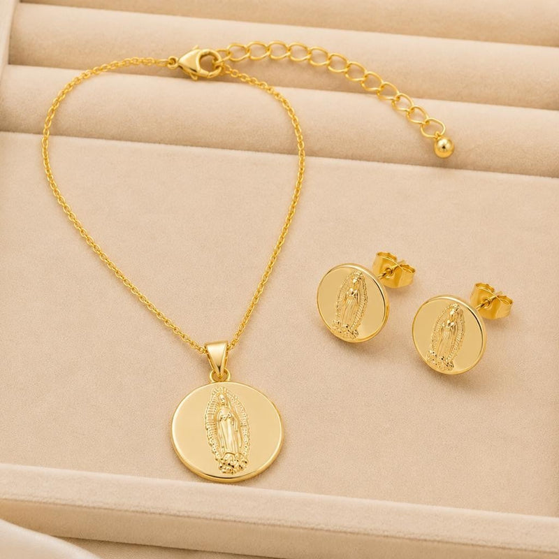 Our Lady of Guadalupe Jewelry Set – Gold Plated — close-up, square format