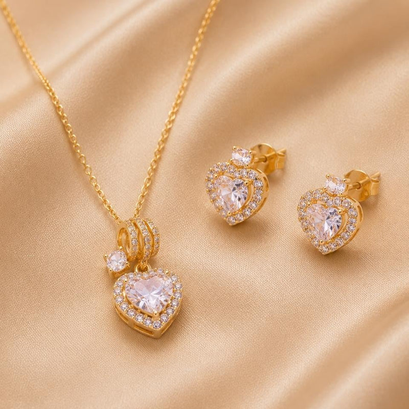 Pink Heart Double Halo Jewelry Set – Gold Plated — close-up, square format