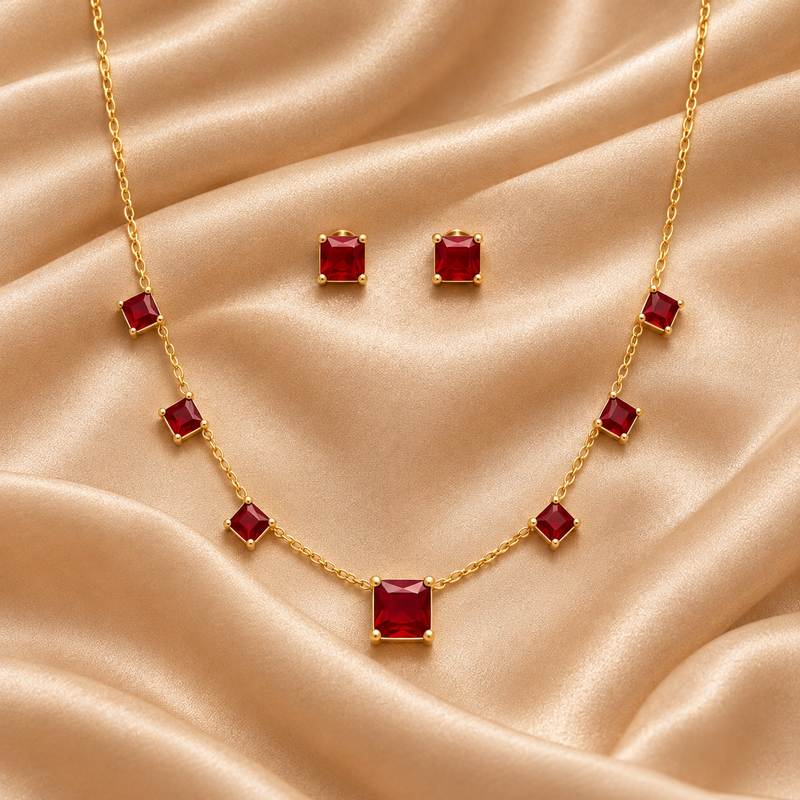 Red Square Stone Jewelry Set – Gold Plated — close-up, square format