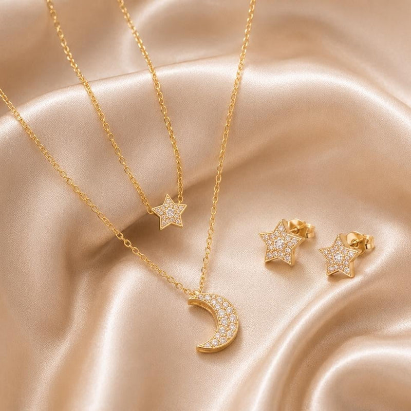 Moon & Star Jewelry Set – Gold Plated — close-up, square format