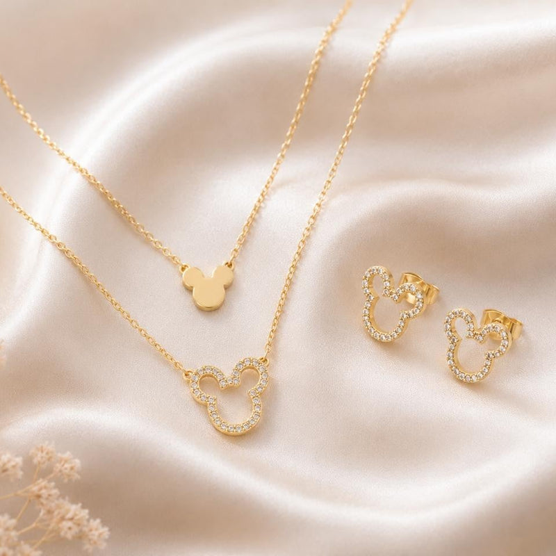 Mouse Outline Sparkle Jewelry Set – Gold Plated — close-up, square format