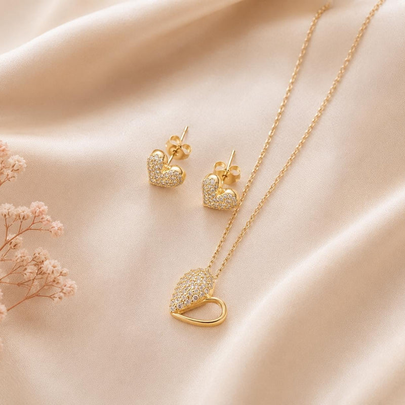 Pavé Heart Drop Jewelry Set – Gold Plated — close-up, square format