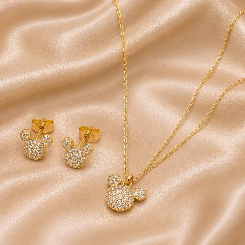 Mini Mouse Pavé Jewelry Set – Gold Plated — close-up, square format