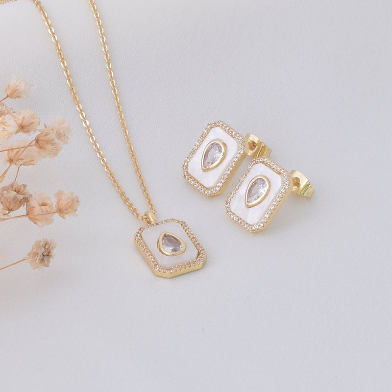 White Enamel Hexagon Crystal Jewelry Set – Gold Plated — close-up, square format