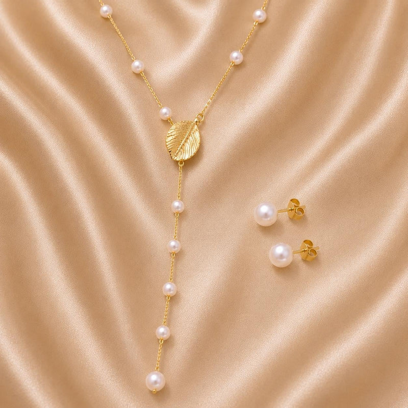 Leaf & Pearl Drop Necklace Set – Gold Plated — close-up, square format