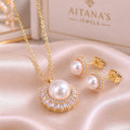Pearl Sunburst Halo Jewelry Set – Gold Plated — close-up, square format