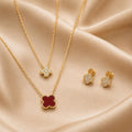 Red Clover Layered Jewelry Set – Gold Plated — close-up, square format