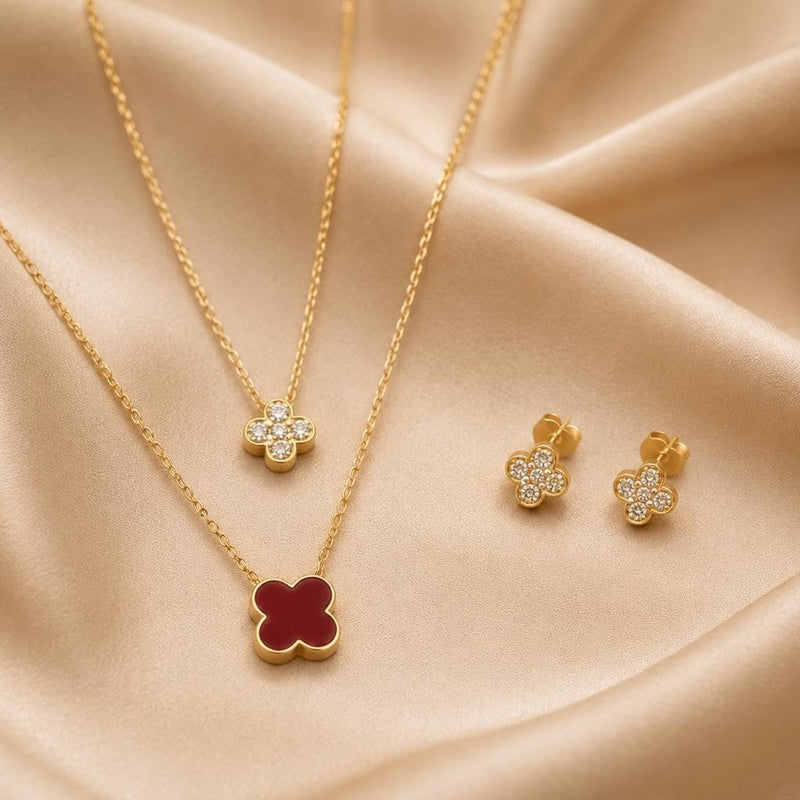 Red Clover Layered Jewelry Set – Gold Plated — close-up, square format