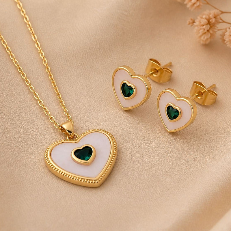 Enamel Heart & Green Accent Jewelry Set – Gold Plated — close-up, square format