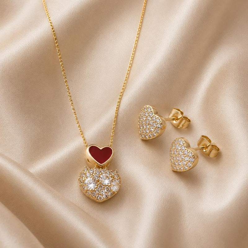 Red Enamel Heart Sparkle Jewelry Set – Gold Plated — close-up, square format