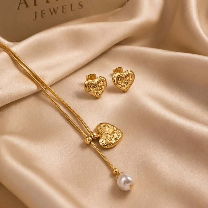 Textured Heart & Pearl Drop Jewelry Set – Gold Plated — close-up, square format