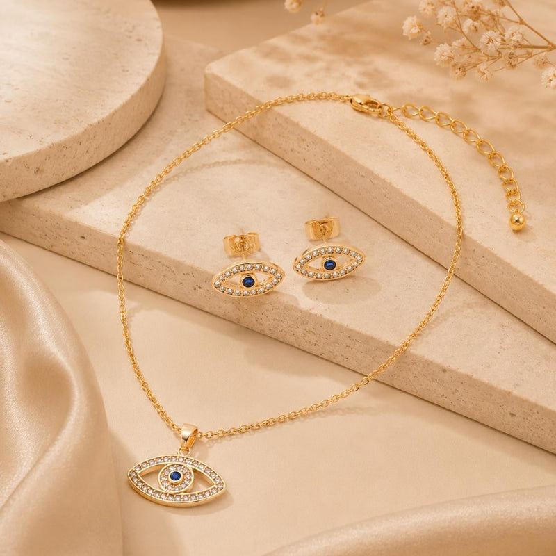 Blue Evil Eye Jewelry Set – Gold Plated — close-up, square format