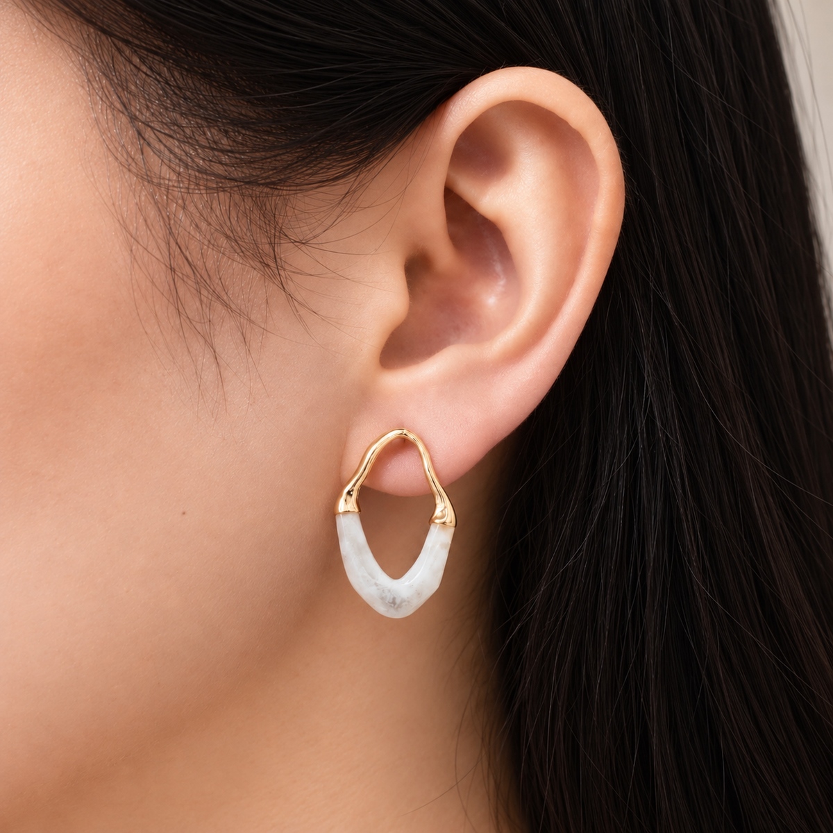 White Stone Organic Hoops — uniform square close-up try-on