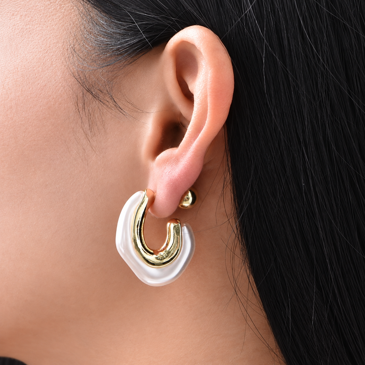 Pearlescent Enamel Hoops — uniform square close-up try-on