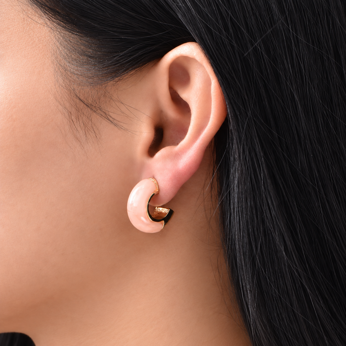 Nude Enamel Mini Hoops — uniform square close-up try-on