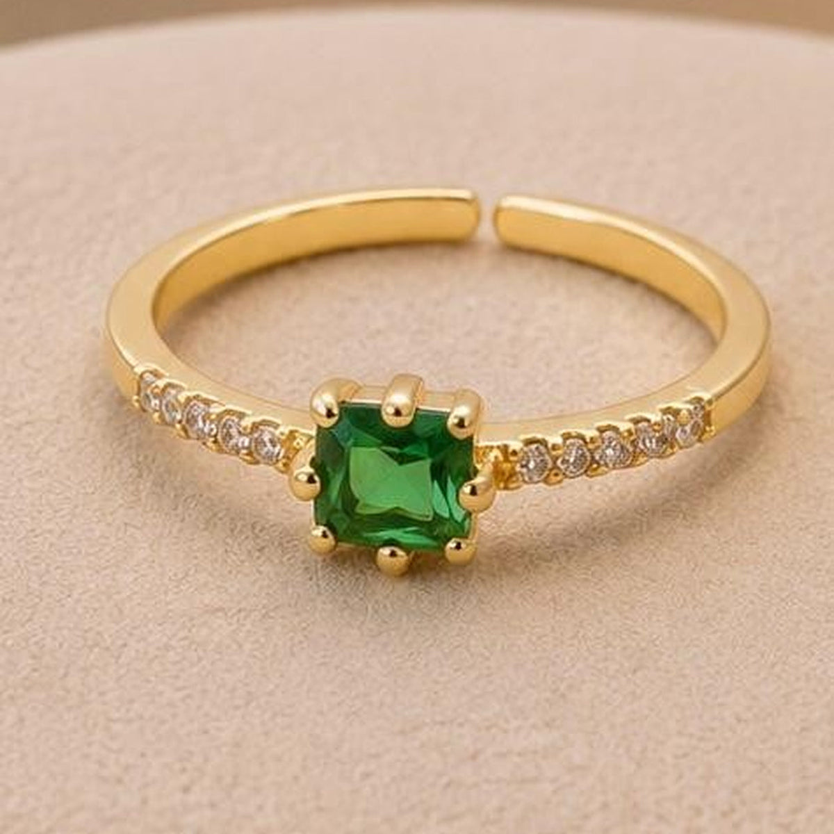 Green Solitaire CZ Band Adjustable Ring – Gold Plated