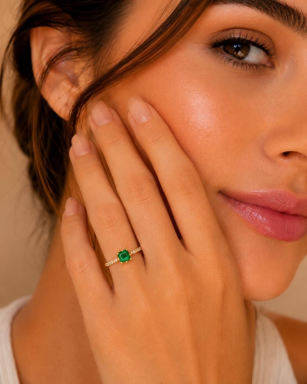 Green Solitaire CZ Band Adjustable Ring – Gold Plated