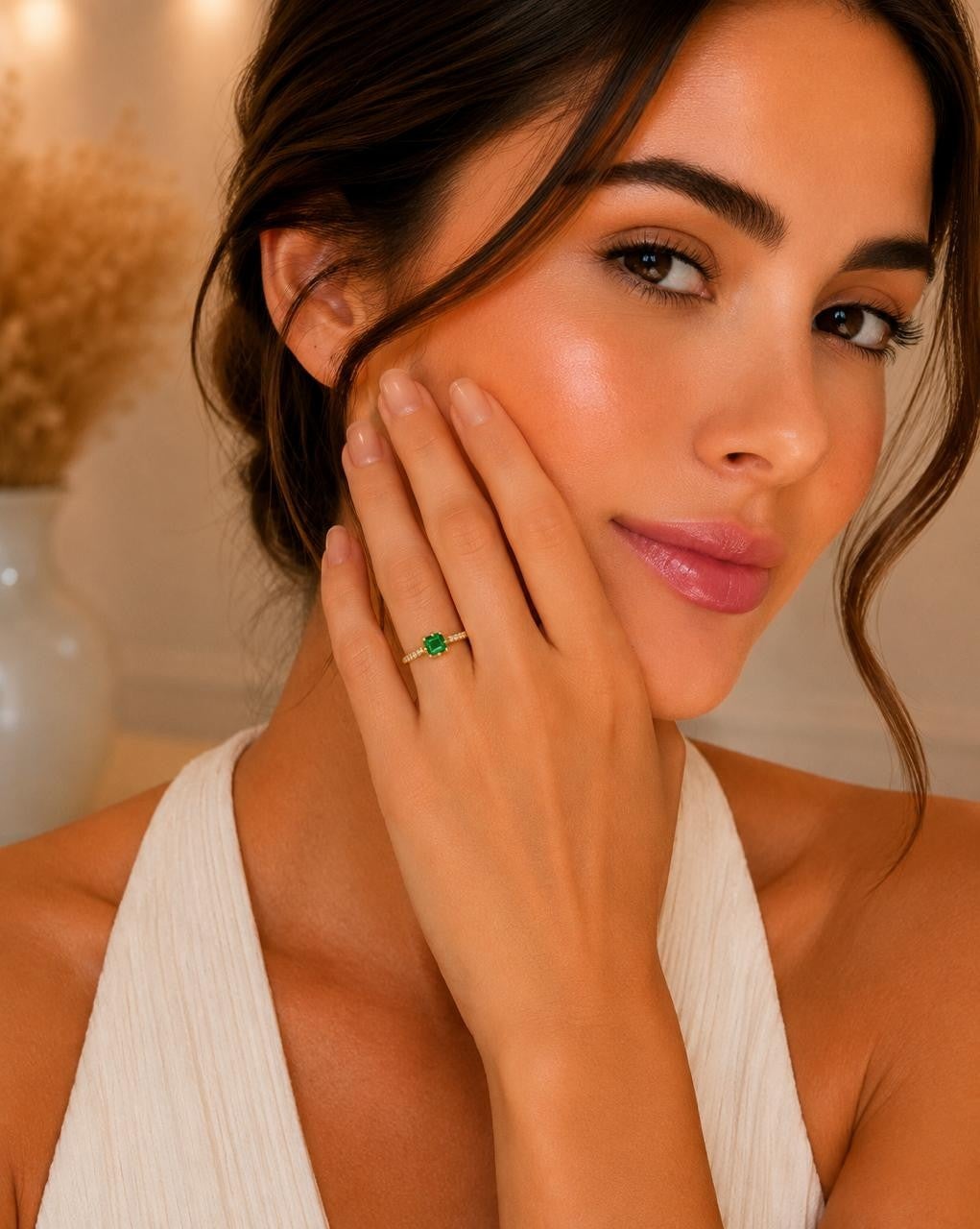 Green Solitaire CZ Band Adjustable Ring – Gold Plated