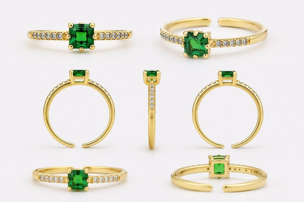 Green Solitaire CZ Band Adjustable Ring – Gold Plated