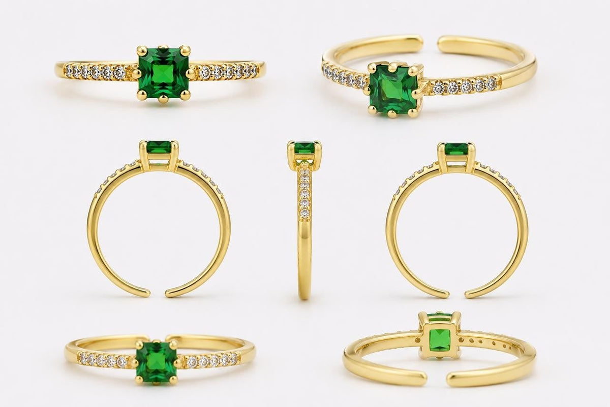 Green Solitaire CZ Band Adjustable Ring – Gold Plated