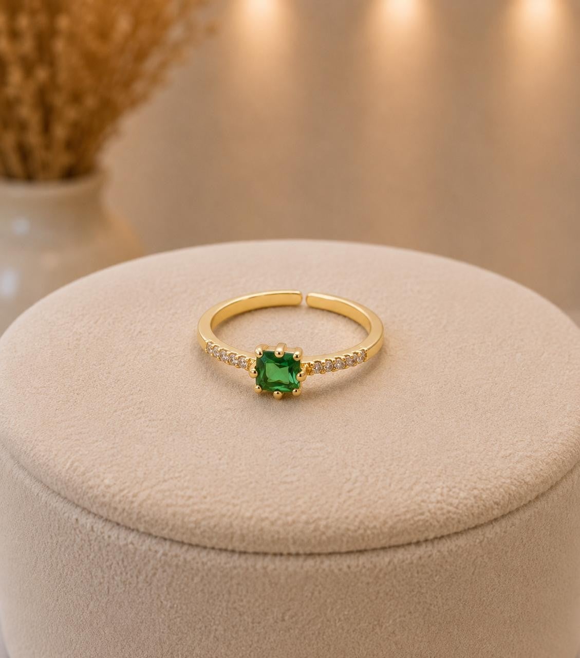 Green Solitaire CZ Band Adjustable Ring – Gold Plated