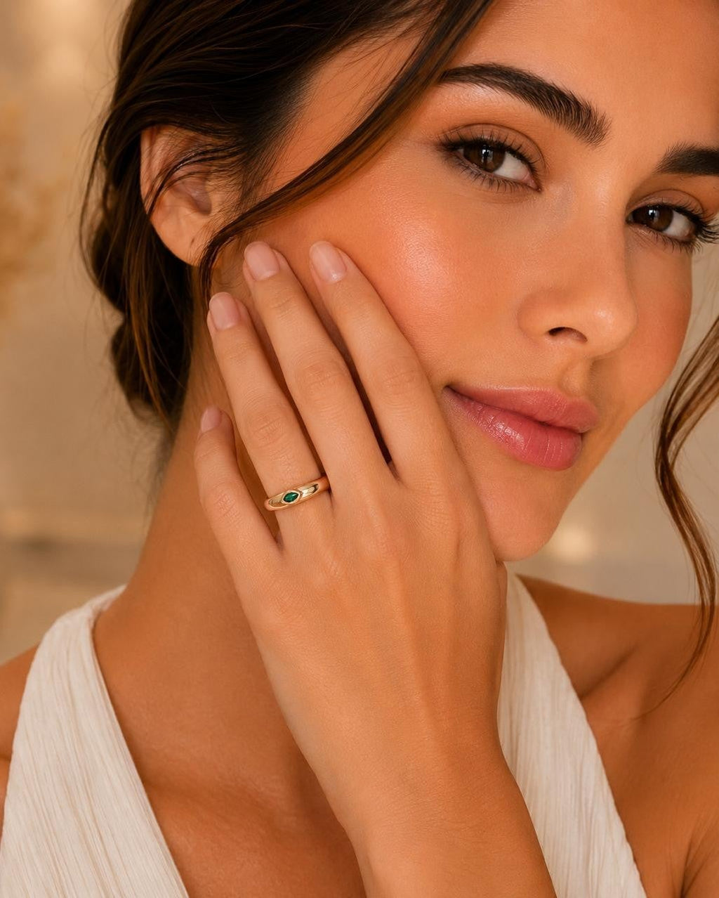 Minimal Emerald Green Adjustable Ring – Gold Plated