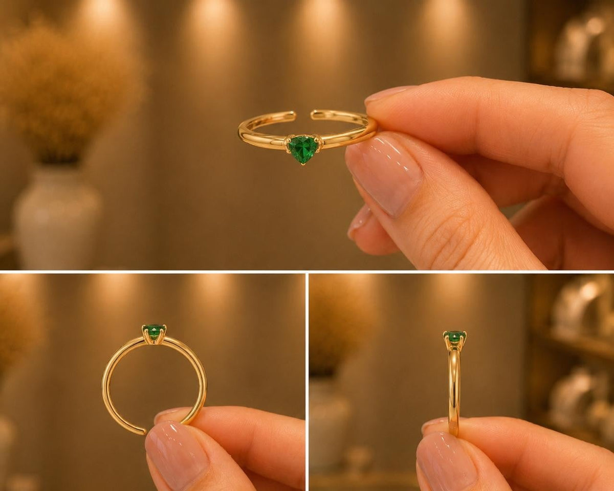 Green Heart Adjustable Ring – Gold Plated
