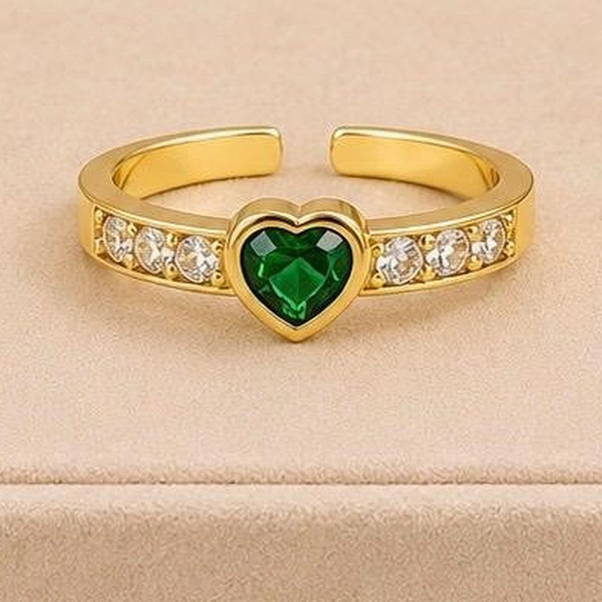 Green Heart CZ Adjustable Ring – Gold Plated