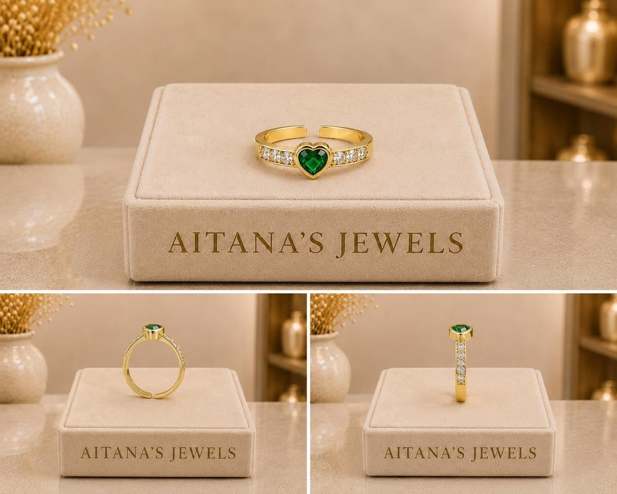 Green Heart CZ Adjustable Ring – Gold Plated