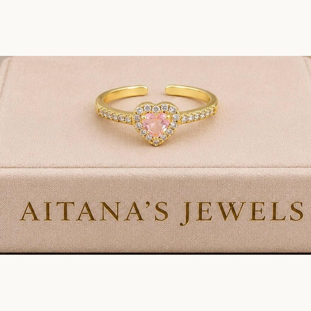 Pink Heart Adjustable Ring – Gold Plated