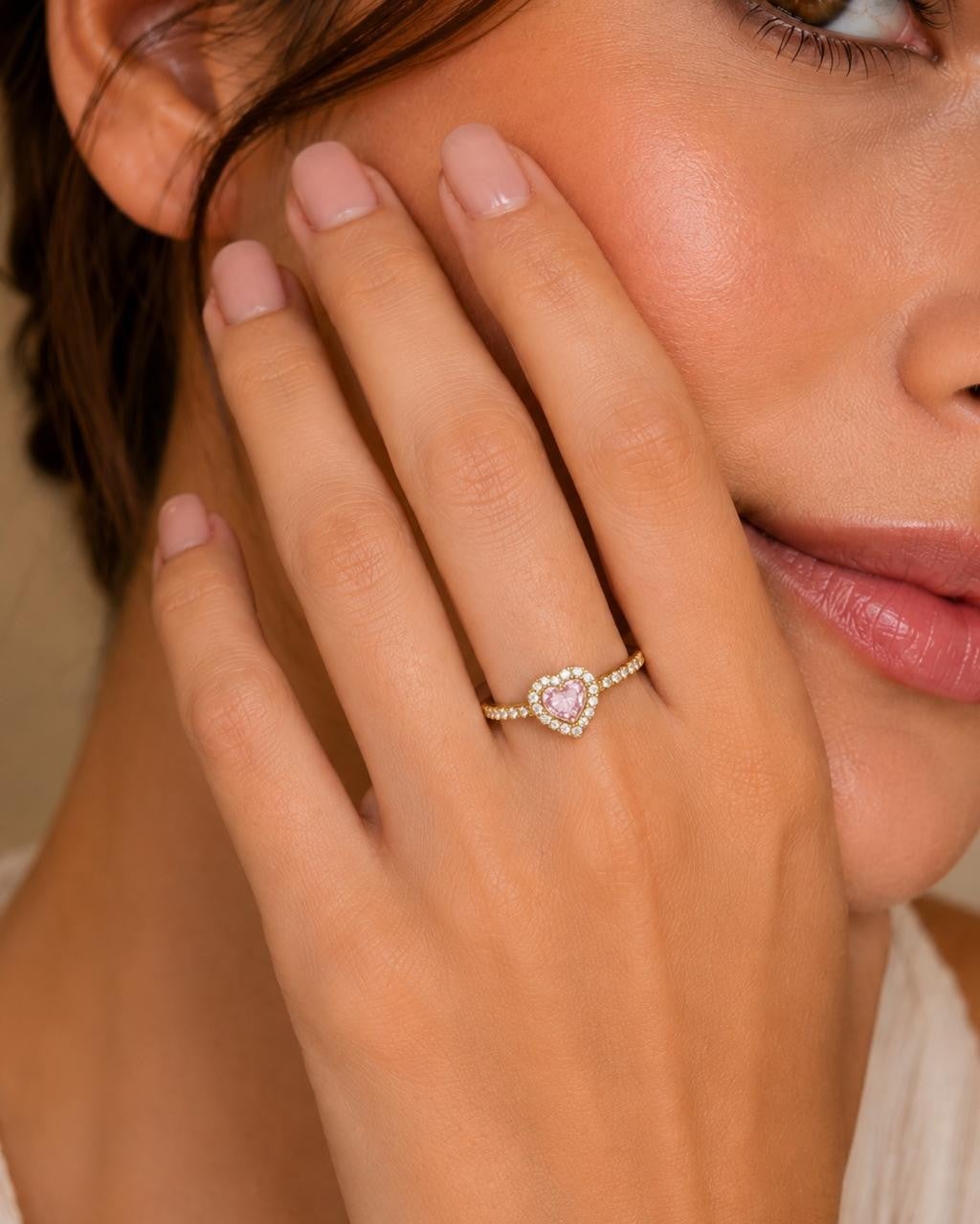 Pink Heart Adjustable Ring – Gold Plated