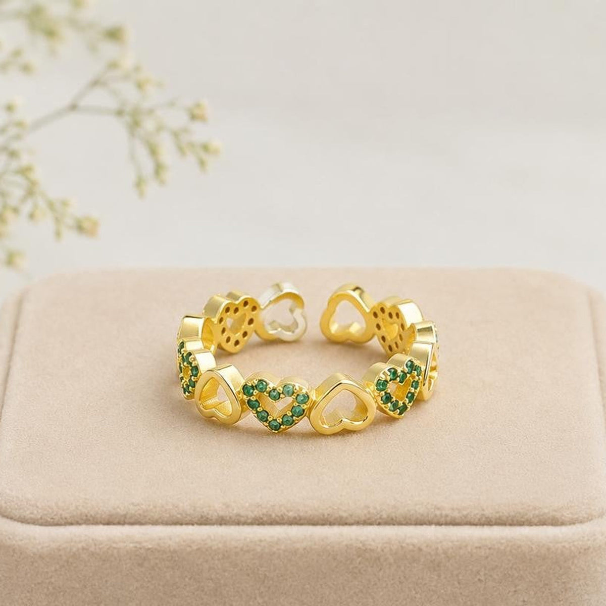 Green Hearts Adjustable Ring – Gold Plated