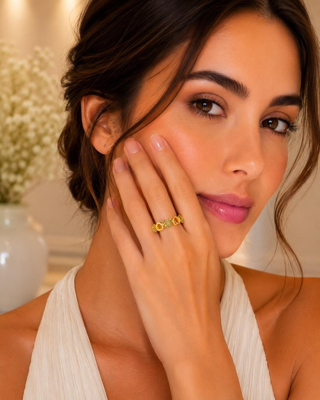 Green Hearts Adjustable Ring – Gold Plated