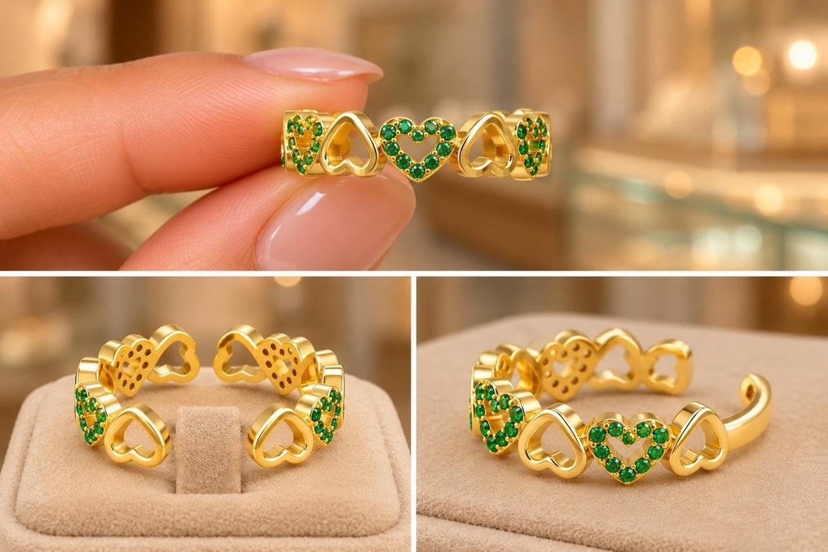 Green Hearts Adjustable Ring – Gold Plated