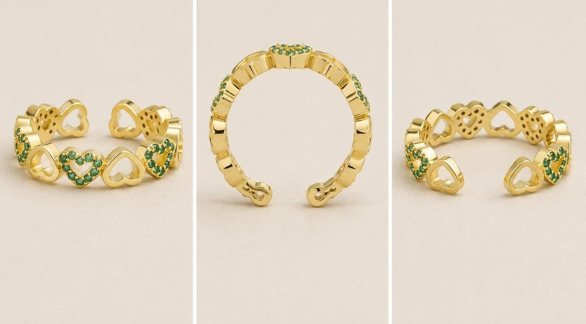 Green Hearts Adjustable Ring – Gold Plated