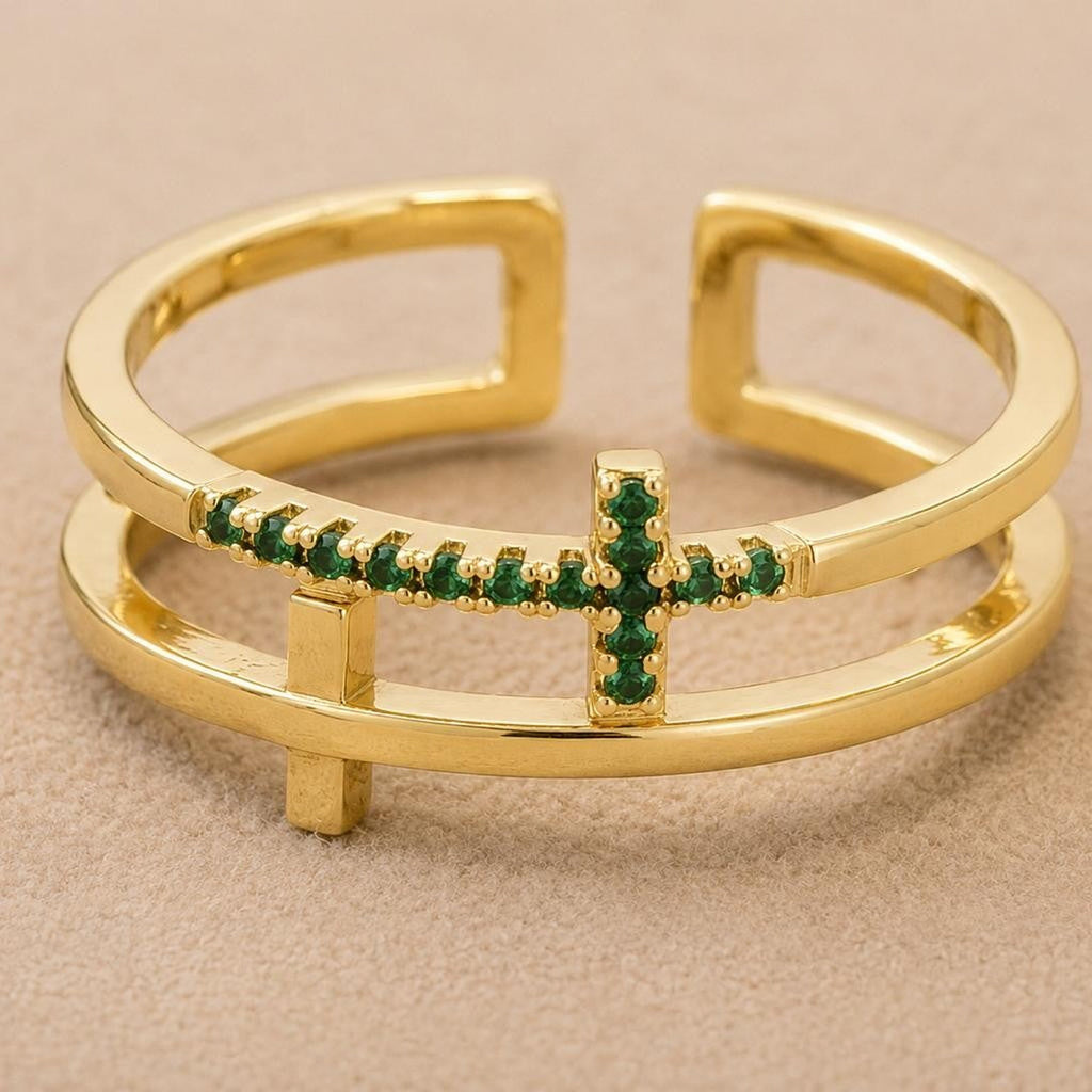 Green Cross Adjustable Ring – Gold Plated