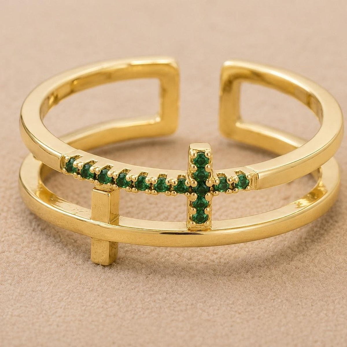 Green Cross Adjustable Ring – Gold Plated